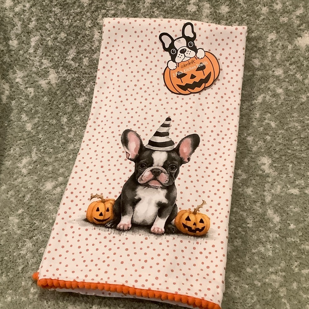 Cute French Bull Dog Halloween Fall Kitchen Towels set of 2 NWT Cotton 18x28”